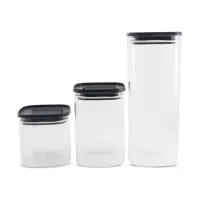 Frascos Transparente de Vidrio con Tapa Color Negro Plastica, Set de 3 Unidades TIPS OLL-009